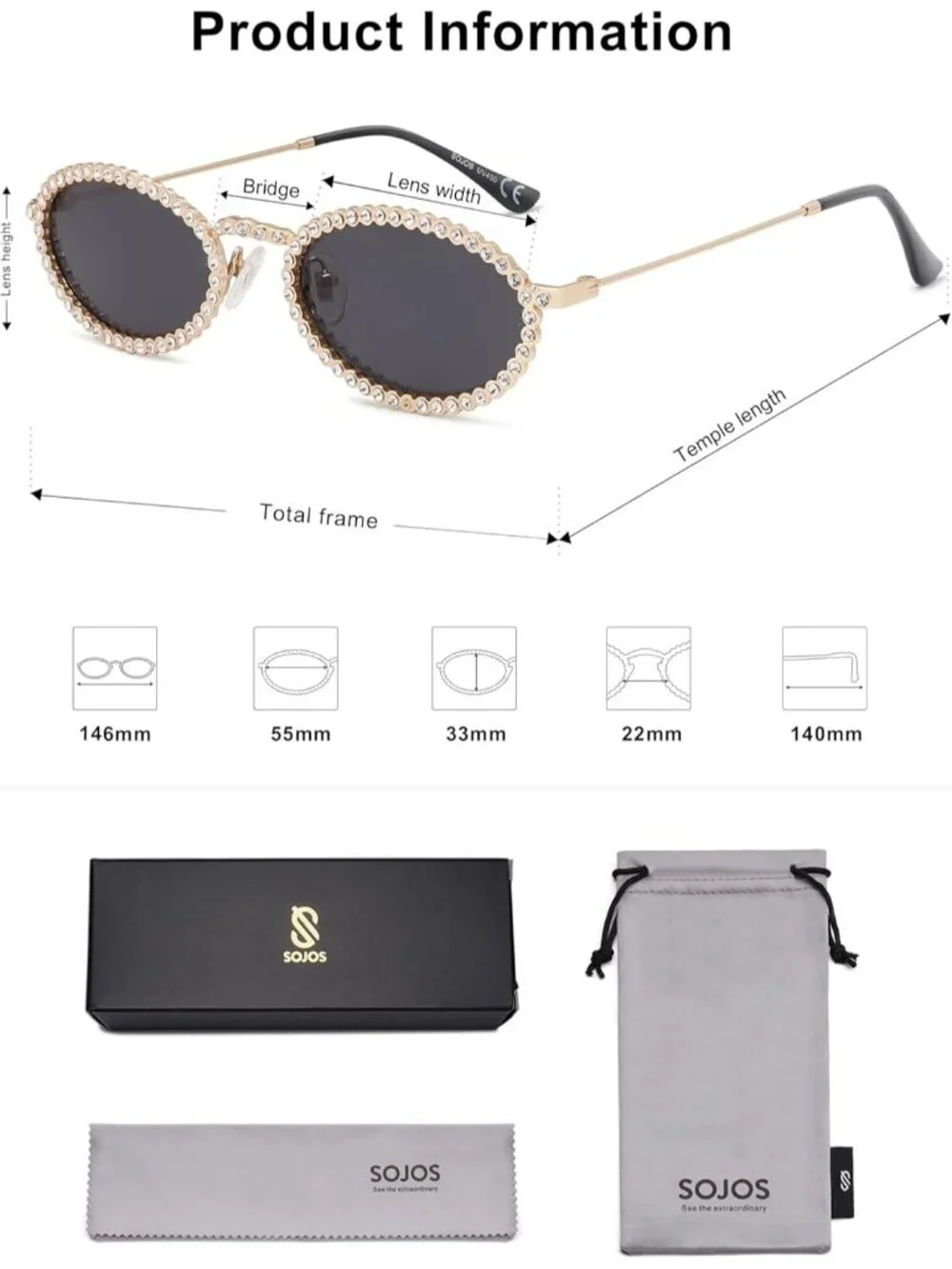 SOJOS Women Retro Oval Rhinestone Sunglasses 90s Style Bling Hippie Disco Black